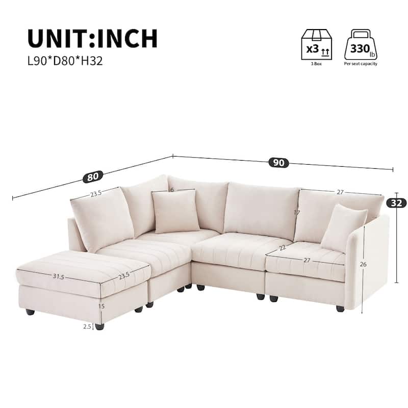 89" Modern Modular L-Shaped Sectional Sofa with Deep Seat,Movable Ottoman,Throw Pillows