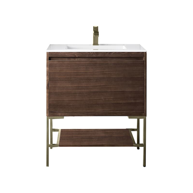 James Martin Vanities Mantova 31.5" Single Vanity Cabinet, Mid-Century Walnut - Champagne Brass Base, Glossy White Top