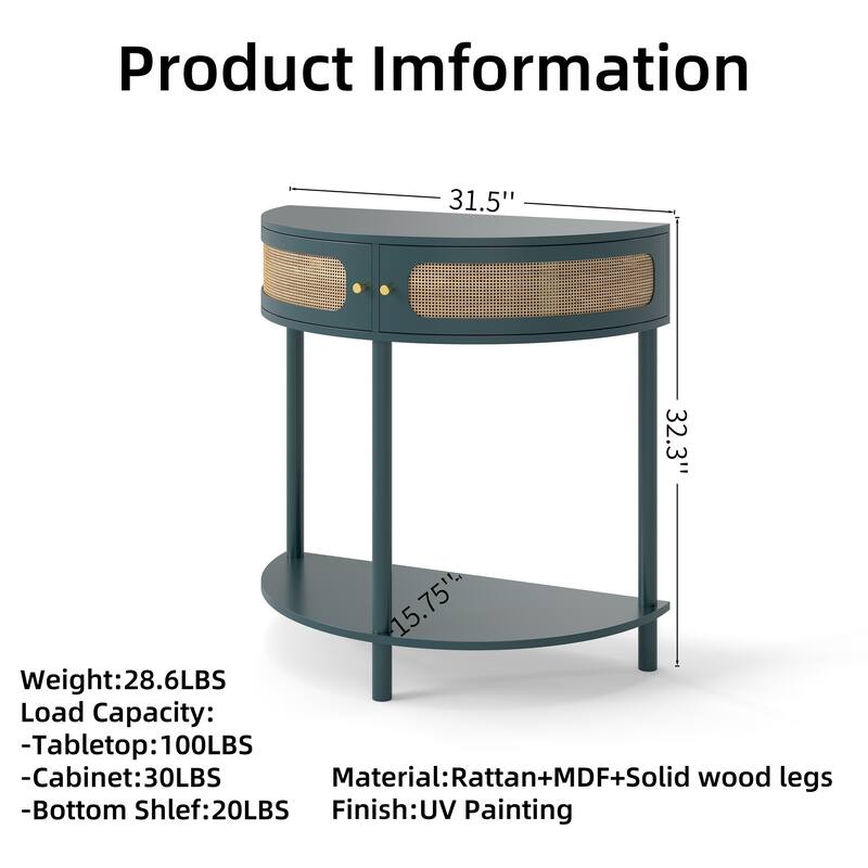 31.88" Half Moon Shaped End Table, Solid Wood Semi Circle Entryway Console Table with 2 Rattan Doors and Bottom Shelf
