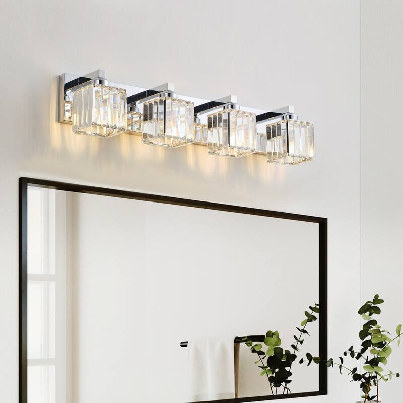 Modern Polished Chrome 4-Light Exquisite Textured Crystal Bathroom Vanity Lighting