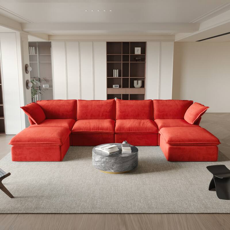 6 Piece U-shaped Velvet Upholstery Modular Sectional Sofa with 2 Ottoman - Red