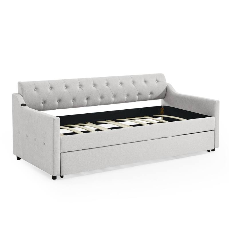 Upholstery DayBed w/Twin Size Erectable Trundle & USB Charging Design
