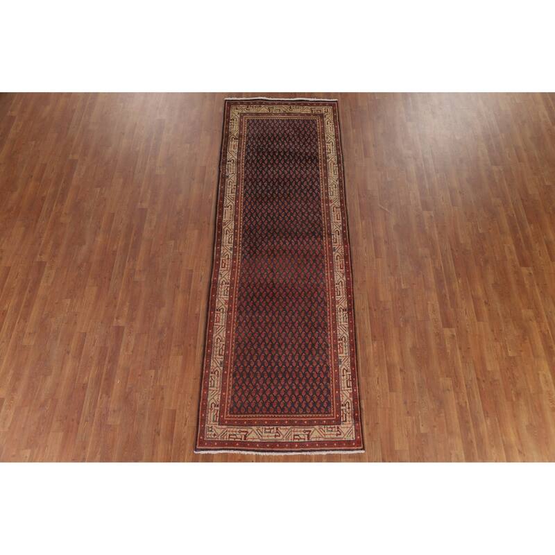 Hand Knotted Oriental 100% Wool Carpet Traditional All-Over Navy Blue & Blues Botemir Runner Rug - 10' 1'' X 3' 4''