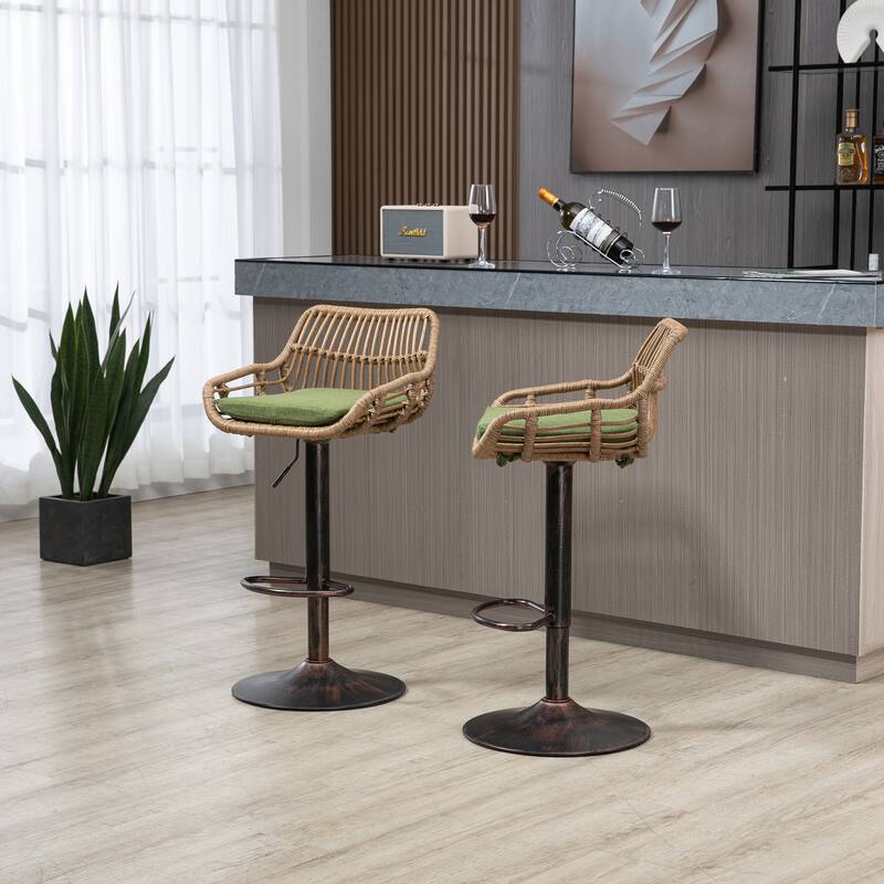 360° Swivel Bar Stools Set of 2, Adjustable Counter Height Chairs with Footrest, Rattan Bar Chairs with Cushions