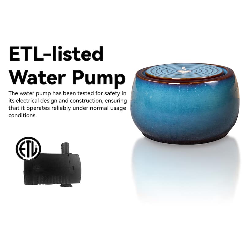 Round Blue Ceramic Water Floor Fountain with LED Light and Pump