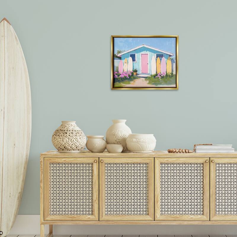 Stupell Cabin with Pastel Surfboards Framed Floater Canvas Wall Art Design By Arlington Prints