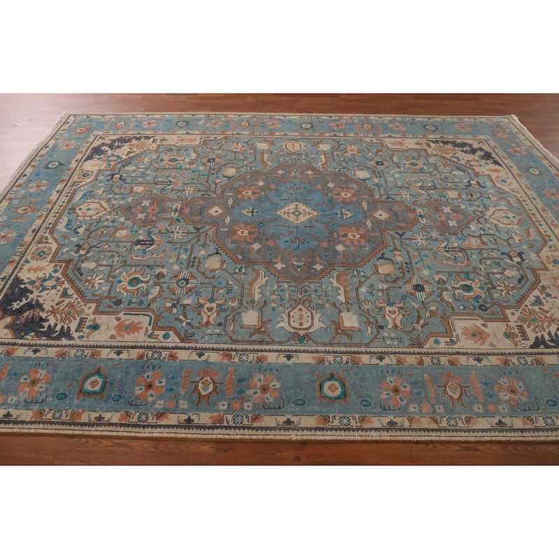 Over-Dyed Blue Tabriz Persian Vintage Area Rug Handmade Wool Carpet - 6'10"x 9'8"