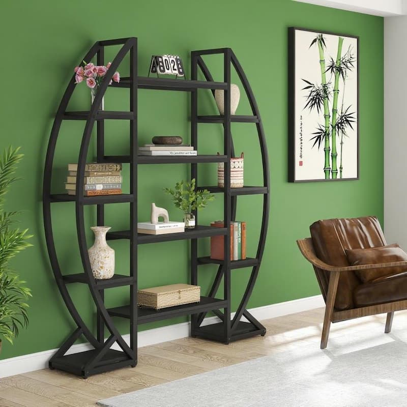 Metal and MDF 12 Shelf Half-Moon Plant Stand with Wide Display - 49.08” x 11.81” x 69.48” - Black