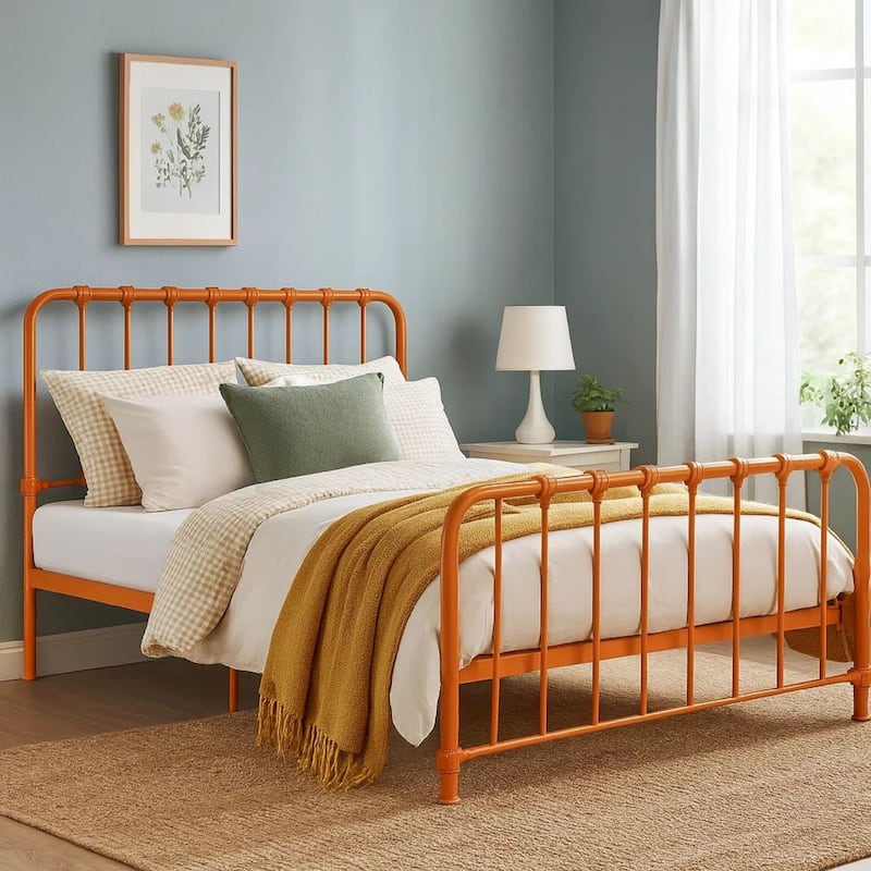 Ethan Full Size Metal Bed, Orange Spindle Design, Heavy Duty Slat Support