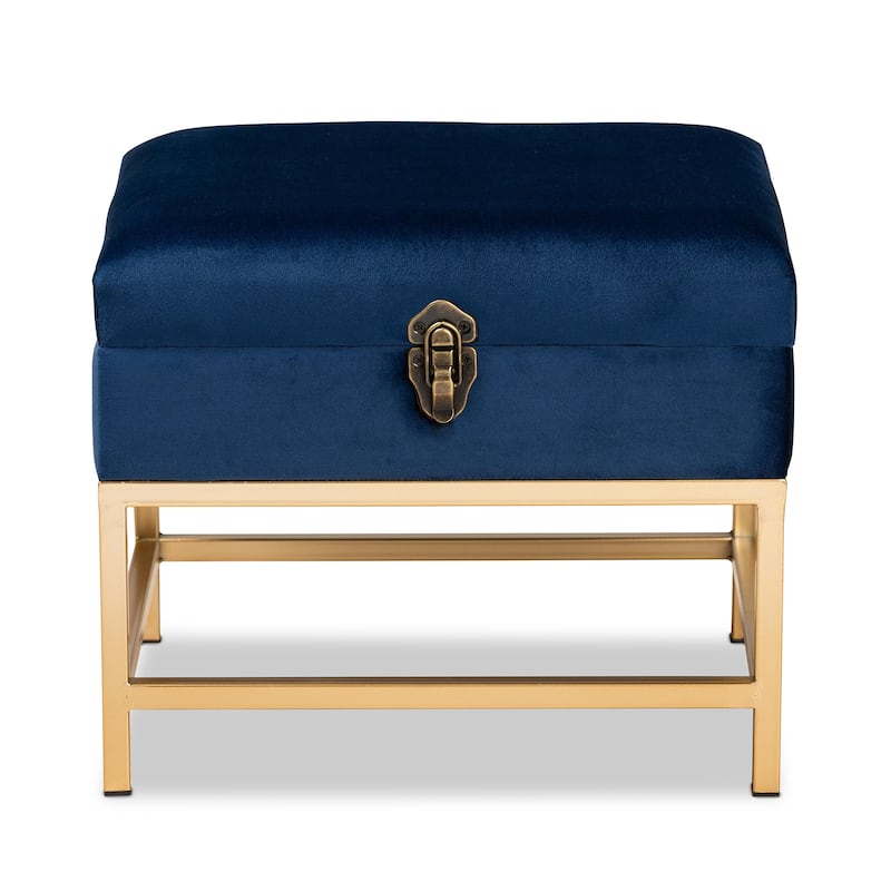 Aliana Glam and Luxe Velvet and Gold Metal Small Storage Ottoman