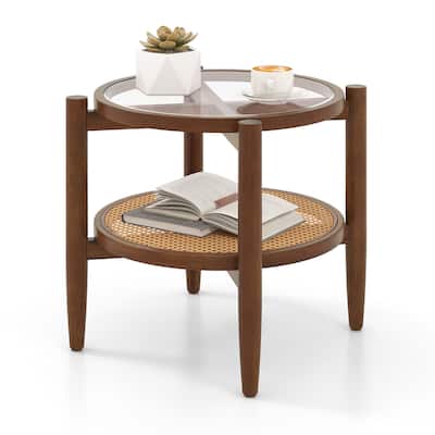 Gymax 2-Tier Round Side End Table PE Rattan Sofa Nightstand Tempered