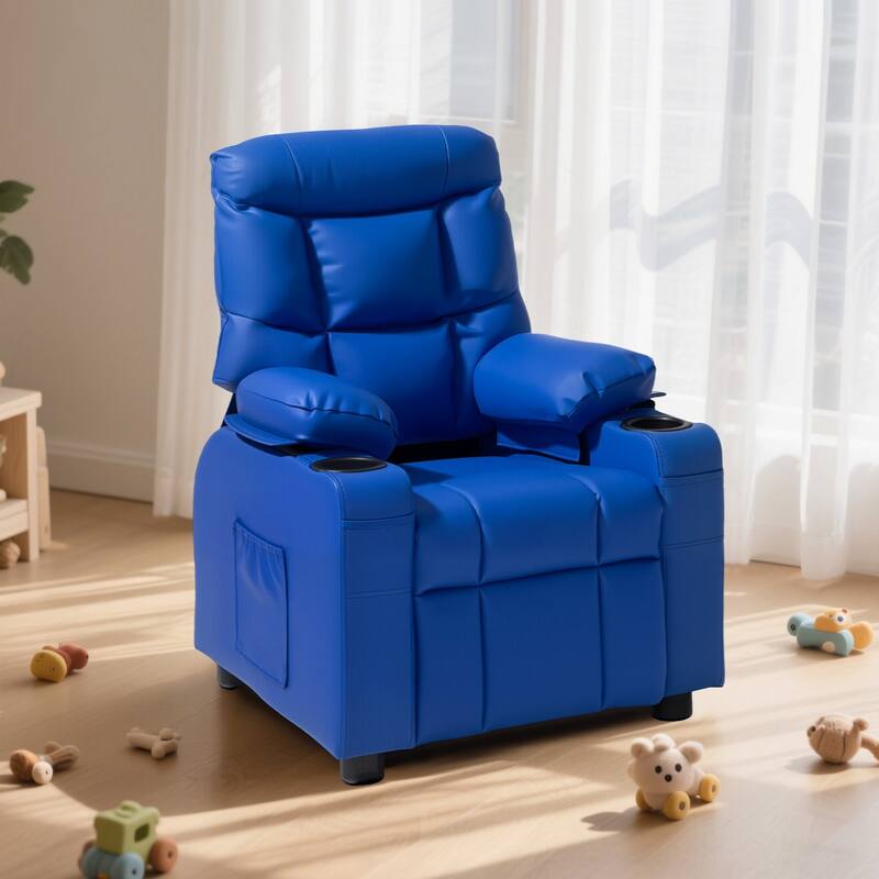 Blue Wooden Frame Kids Recliner with Adjustable Backrest, Cup Holders and Storage - 25.8 x 30.3 x 26.4 in