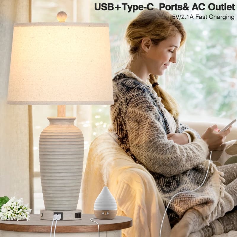 25'' Grey Modern Table Lamp with Dual USB Charging Ports 3000K Dimmable LED(Set of 2) - 12.5‘’ x 12.5'' x 25''