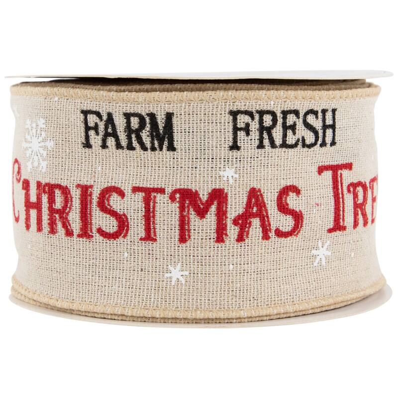 Beige "Farm Fresh Christmas Trees" Wired Craft Christmas Ribbon 2.5" x 10 Yards - 30'