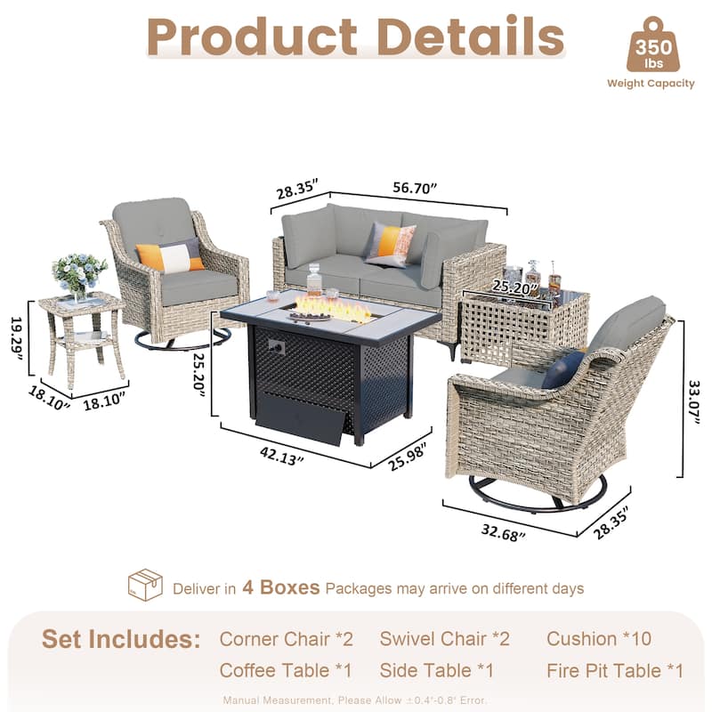 OVIOS 7 Pieces Outdoor Wicker Furniture Set With Solar-Powered Coffee Table&Fire Pit