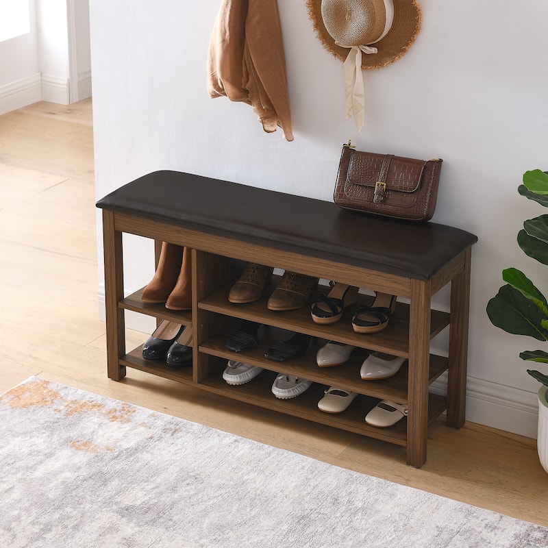 Height-Adjustable Rubberwood Shoe Bench with Storage & Seat