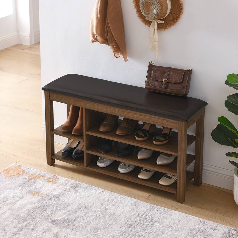 Roomfitters Height Adjustable Shoe Bench with Cushion Seat and Hidden Storage, Solid Rubberwood Frame, Charcoal Grain
