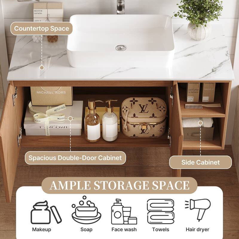 36'' Single Bathroom Vanity with Stone Top, Brown Wood, Black Vessel, Floading Vanities