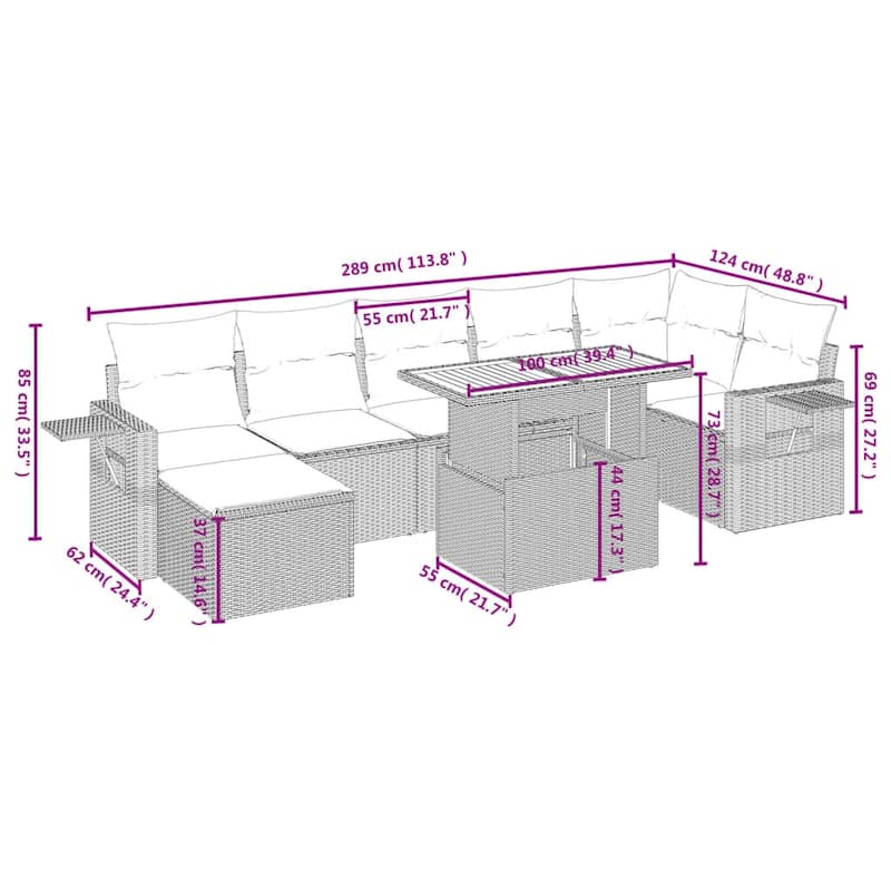 vidaXL Patio Sofa Set with Cushions Outdoor Furniture 8 Piece Poly Rattan - 21.7 x 24.4 x 27.2