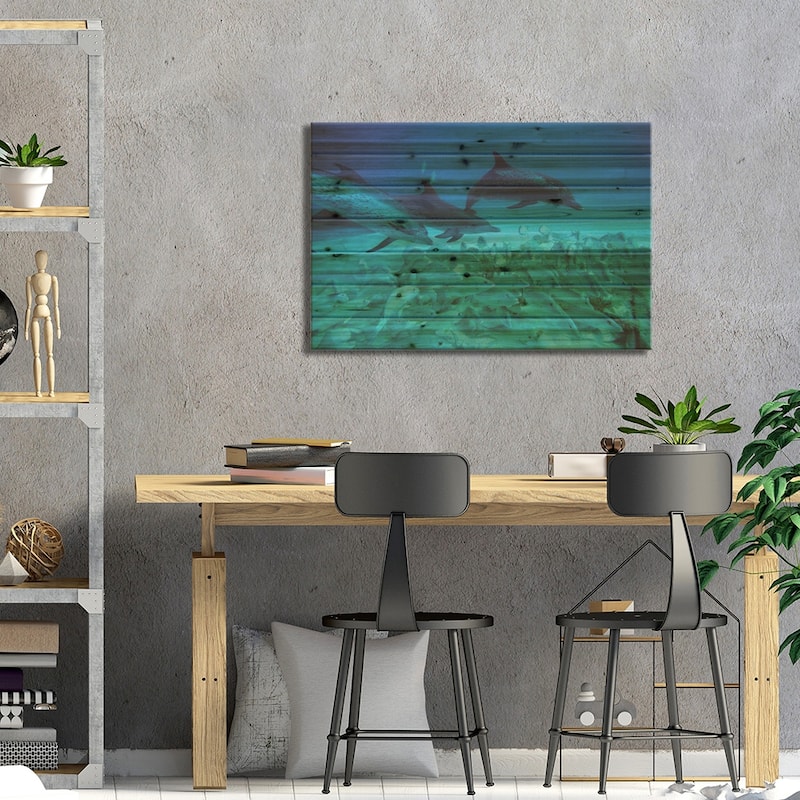 Atlantic Spotted Dolphin Trio Predating On School Of Snappers, Bahamas, Caribbean Print On Wood by Hiroya Minakuchi