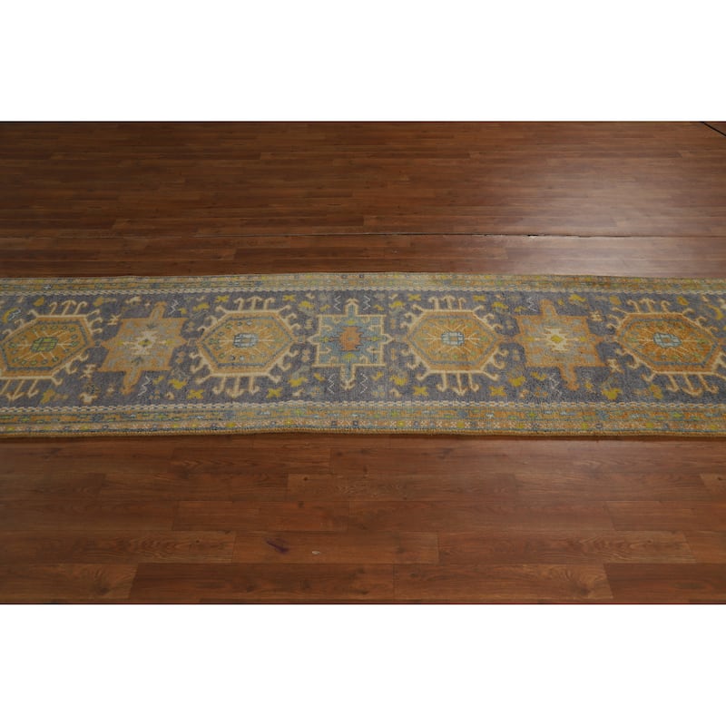 Hand Knotted Oriental 100% Wool Carpet Transitional Geometric Greys & Charcoal Khotan Runner Rug - 9' 8'' X 2' 6''