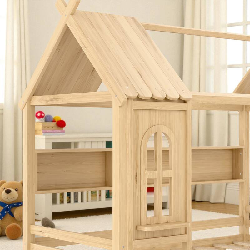 Twin/Full Size Wooden House Bed with Drawers and Shelves, Kids Platform Bed Frame with Window Roof Design