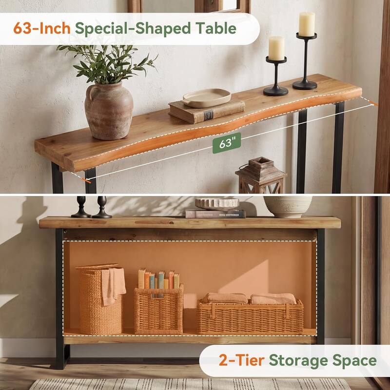 63 Inches Wood Console Table for Entryway, Farmhouse Long Sofa Table with Unique Shape for Foyer, Entrance, Living Room