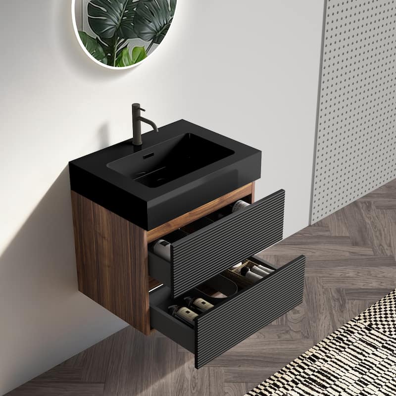 24" Bathroom Vanity with Matt Black Engineered Quartz Sink and Soft Black Drawers, Floating Bathroom Vanity