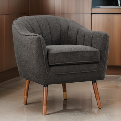 Tia 31 Inch Plush Accent Chair Armchair, Gray Polyester, Brown Solid Wood