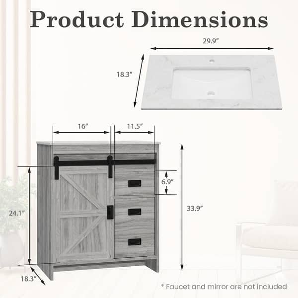 dimension image slide 2 of 3, EROMMY Farmhouse Bathroom Vanity with Ceramic Top and Sliding Barn Door Sink Cabinet, Rustic Single Sink Vanity