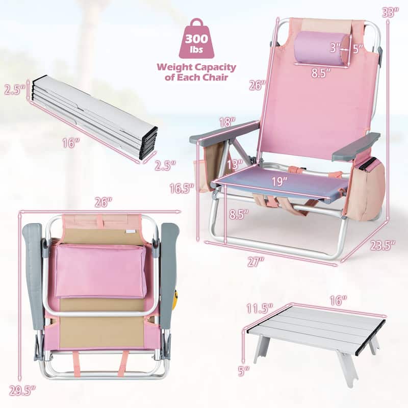 Gymax 2PCS Folding Backpack Beach Chair Table Set 5-Position Outdoor