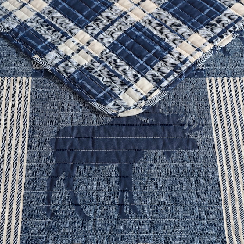 Eddie Bauer Moose Plaid Pinstripe Patchwork Cotton Blue Quilt Set