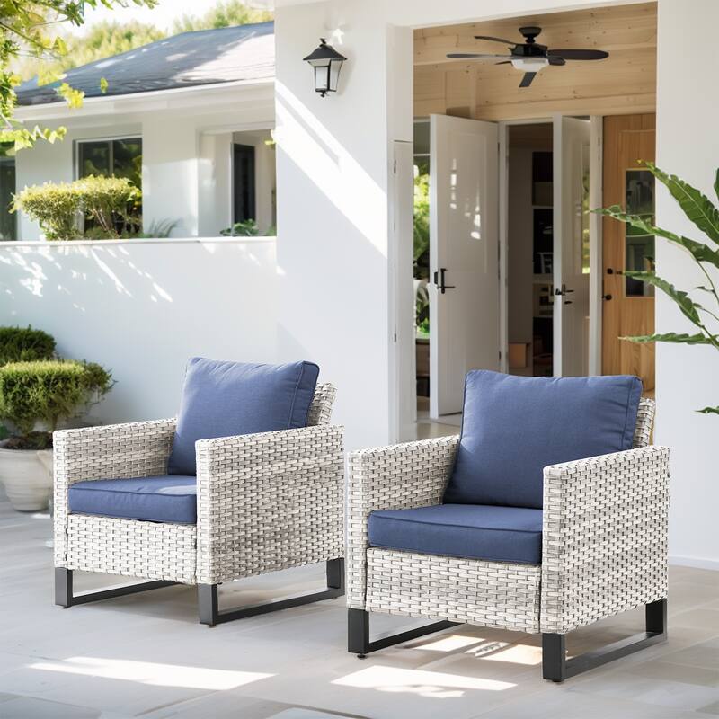 Patio Chairs Set of 2 PE Wicker Chairs - Light Grey - Blue - Light Grey