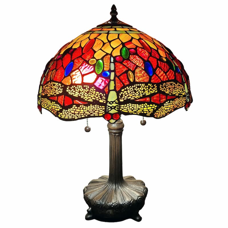 Dark Brown Metal Table Lamp with Multi Stained Glass Shade Dual Pull Chain - 11” x 19” x 22” (D x W x H) - Multi