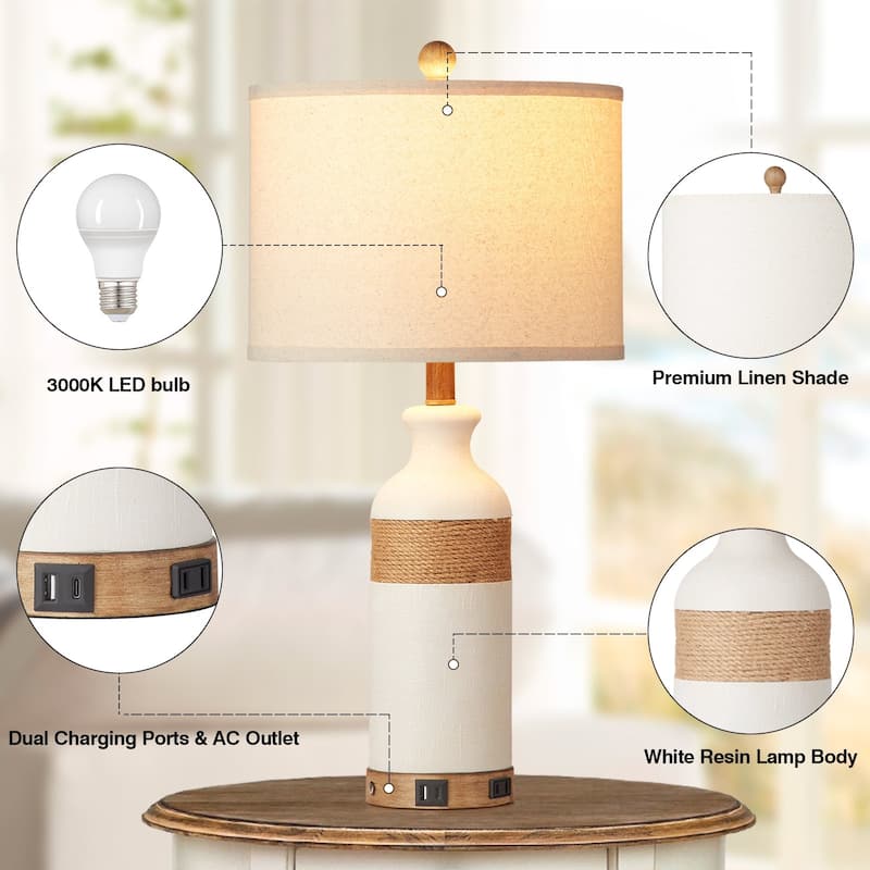 Table Lamp White Resin Touch Dimming Switch USB and Type C Charging Ports AC Outlet No Strobe (Set of 2)