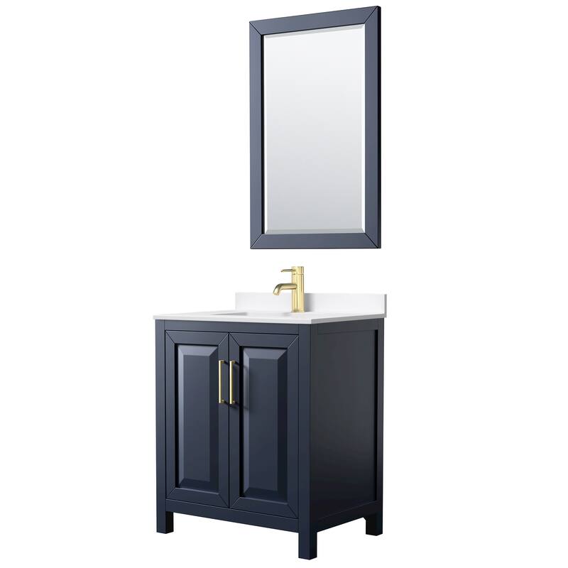 Daria 30-inch Single Vanity, Single Hole Quartz Top, 24-inch Mirror - Dark Blue, Gold Trim, White Quartz Top