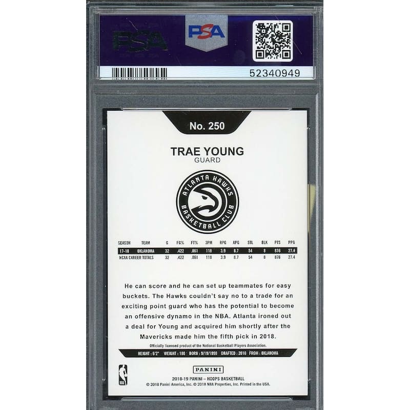 Trae Young 2018 Panini Hoops Basketball Rookie Card RC #250 Graded PSA 10 - 8'6" x 11'6"