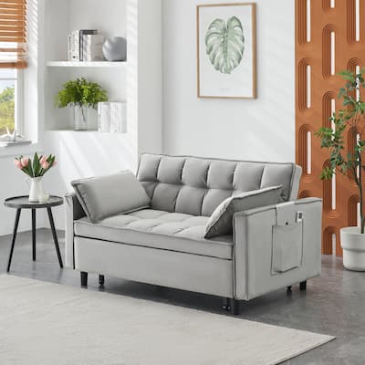 Modern Reclining Sofa Velvet Loveseat Sofa Futon Couch with Pull Out Sleeper Sofa Bed with Adjustable Backrest and Side Pockets