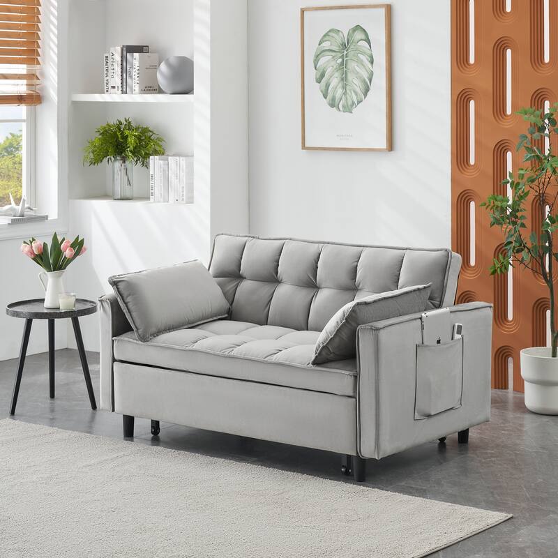 Velvet 3 in 1 Pull Out Loveseat Sofa Convertible Sleeper Love Seat Bed Tufted Futon Sofa with 2 Pillows and Pockets