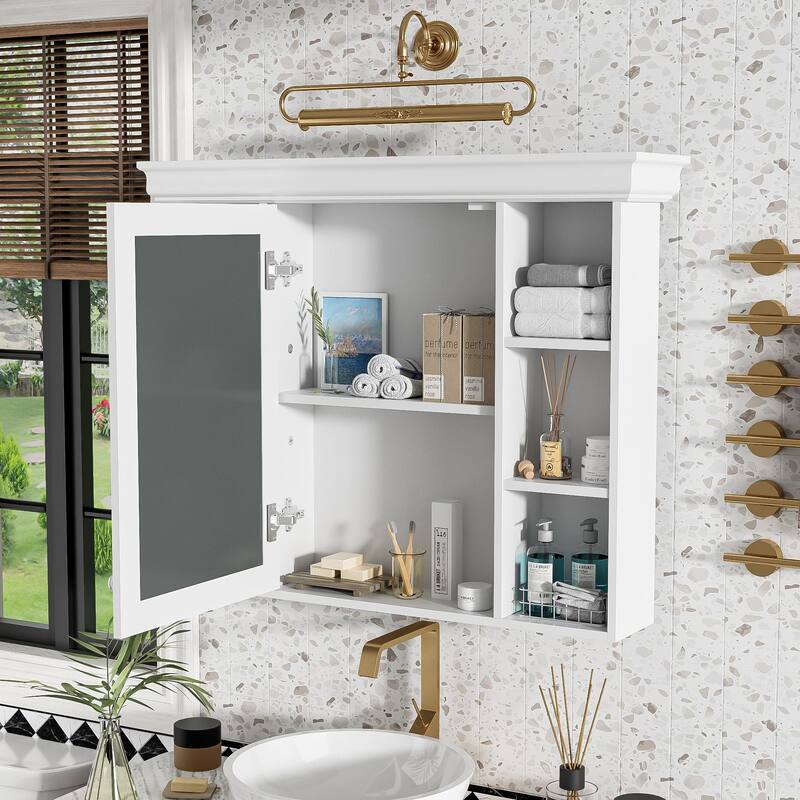 Modern Medicine Cabinet Wall Mounted Storage Cabinet with High Definition Mirror, Open Compartments and Adjustable Shelving