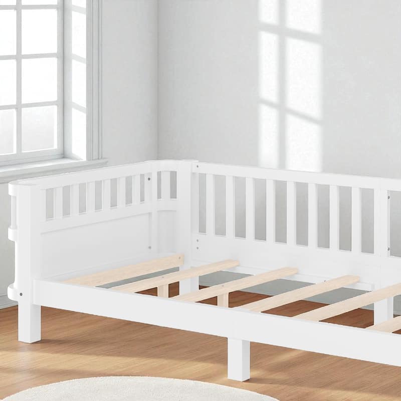 Wood Platform Bed with Guardrails & Detachable Fence, Twin/Full/Twin XL/Queen Size Kids Bed, Safety Design, No Box Spring