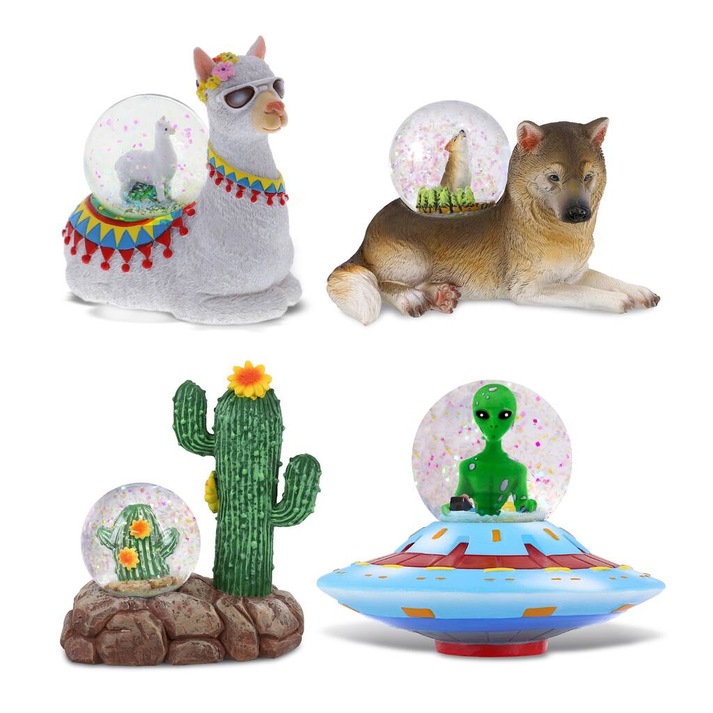 CoTa Global Llama, Wolf, Cactus Alien Space Saucer Snow Globe Set of 4 - 45 mm