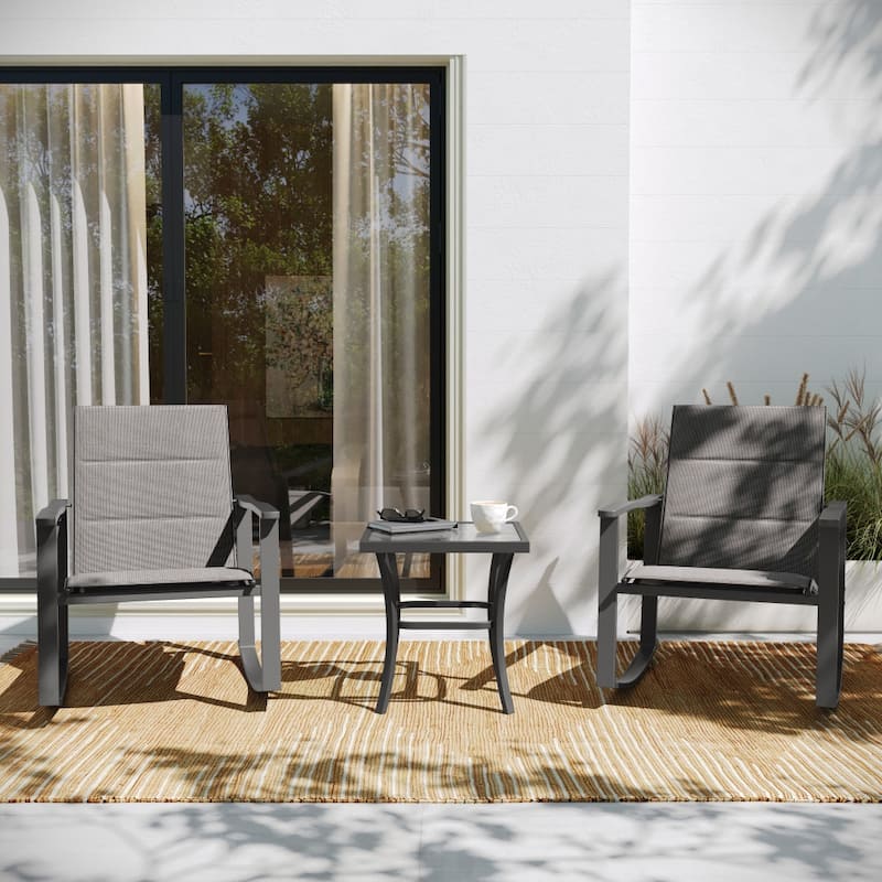3 Piece All-Weather Rocking Chairs and Glass Top Table Bistro Set - Gray/Black