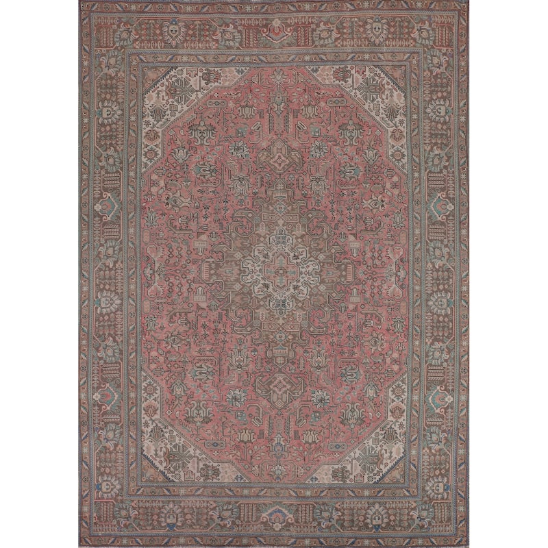 Pink Geometric Tabriz Persian Vintage Rug Hand-Knotted Wool Carpet - 9'6"x 12'4"