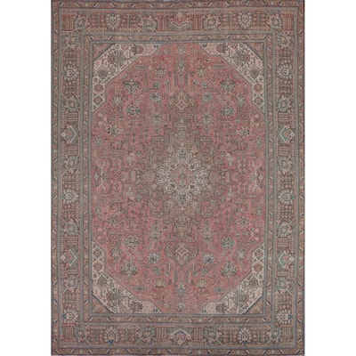 Pink Geometric Tabriz Persian Vintage Rug Hand-Knotted Wool Carpet - 9'6"x 12'4"