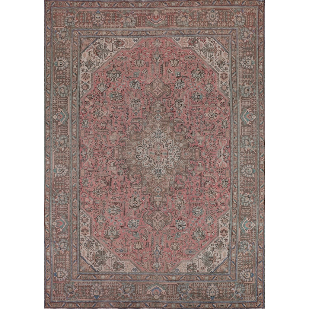 Pink Geometric Tabriz Persian Vintage Rug Hand-Knotted Wool Carpet - 9'6"x 12'4"