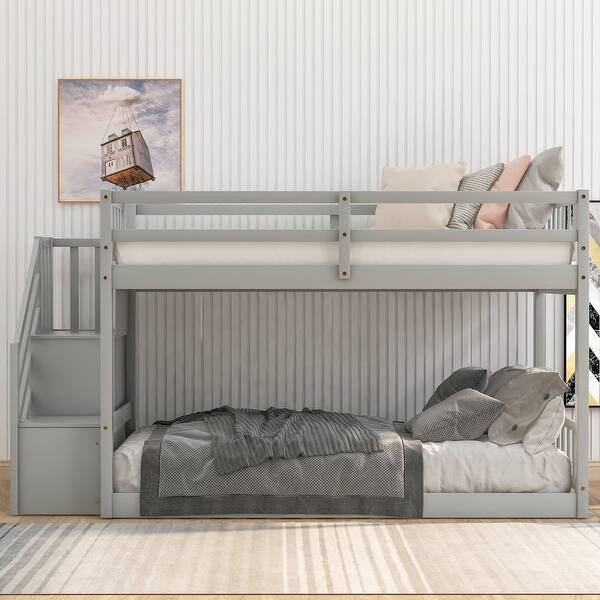 slide 2 of 11, Twin over Twin Floor Wood Bunk Bed,Staircase with Storage Space Gray