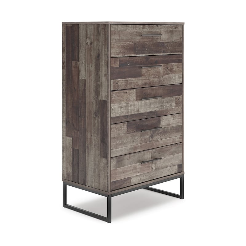 Vyne 51 Inch Tall Dresser 5 Drawers Chest, Gray Woodblock, Black Metal Base