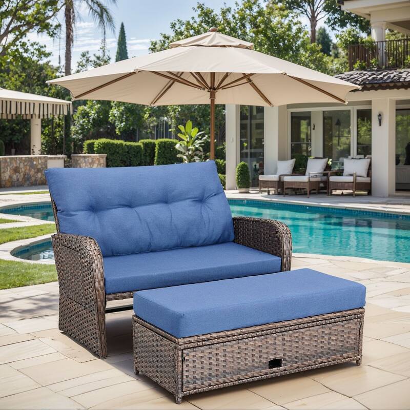 Chaise Lounge Outdoor Double PE Wicker Rattan Patio Reclining Chair - Brown - Blue