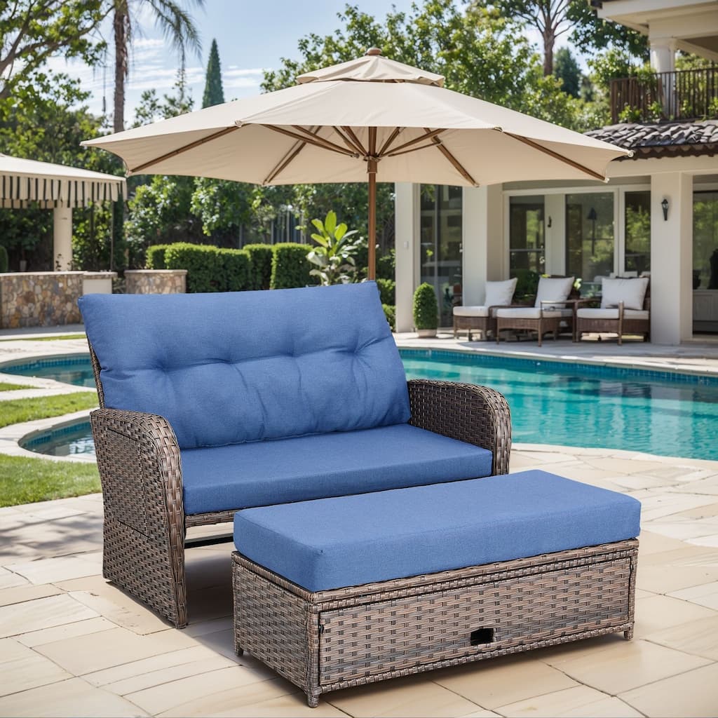 Chaise Lounge Outdoor Double PE Wicker Rattan Patio Reclining Chair - Brown